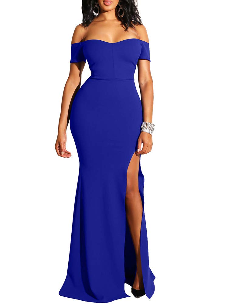 YMDUCH Women's Off Shoulder High Split Long Formal Party Dress Evening Gown Royal Blue - Image 3